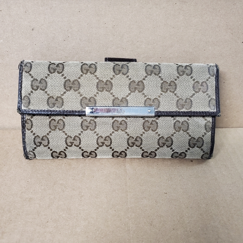 Gucci Monogram GG Long Continental Flap bifold wallet dark brown beige authentic